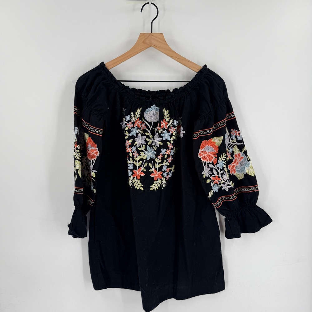 Free People Embroidered Peasant TuniC Dress Black XS Boho Floral Off Shoulder